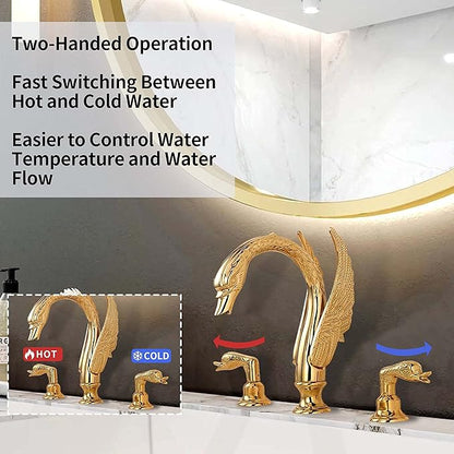 Golden Gold Ornate Swan Style Bathroom Sink Faucet Combo Deck Mount Sink Mixer Tap Set Hot Cold Water