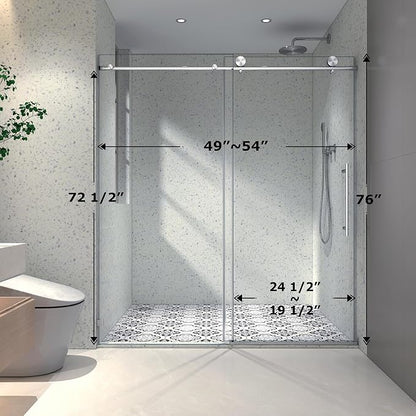 Single Sliding Shower Door,49"-54" W x 76" H Frameless Shower Door with 5/16" (8mm) Thick SGCC Tempered Glass W/Adjustable Soft Closing,Bathroom Glass Door for Spa（Brushed Nickel ）