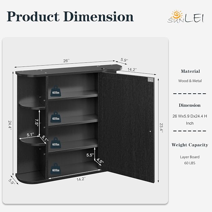 DL-win Bathroom Medicine Cabinet with Mirror, Wall Mounted Home Storage with Door, Over The Toilet Space Saver Storage Cabinet, Bathroom Cabinet Wall Mounted, Black