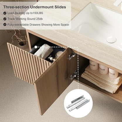 48" Bathroom Vanity with Sink, Roma Travertine-Pattern Countertop and 3 Pre-drilled Faucet Holes Ceramic Basin, Wall Mounted Bathroom Vanities with Drawer and 2 Doors, Pre-Assembled, Light Wooden