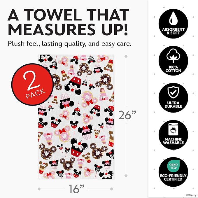 Disney Mickey & Minnie Cotton Kitchen Towels, 2-Pack 16"x26", Absorbent | Durable, colorfast dish towels resist fraying, machine washable, dries dishes, hangs on oven handles, great for gifting