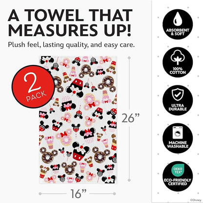 Disney Mickey & Minnie Cotton Kitchen Towels, 2-Pack 16"x26", Absorbent | Durable, colorfast dish towels resist fraying, machine washable, dries dishes, hangs on oven handles, great for gifting