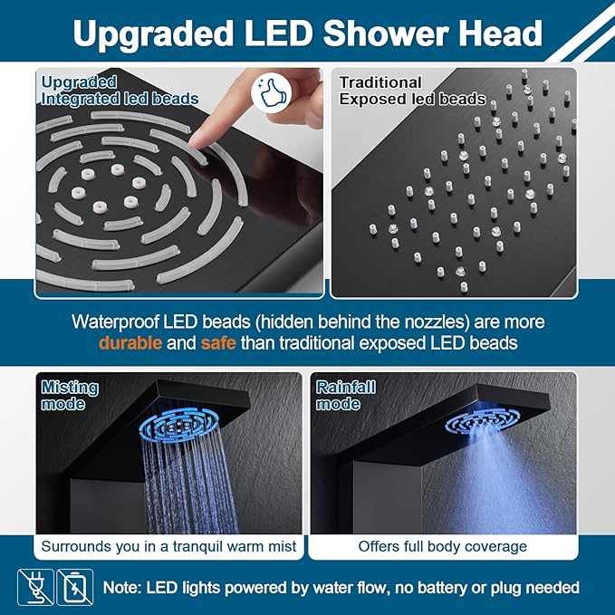 ROVOGO Led Shower Panel Tower System with Mist Rainfall Shower, Body Jets, Handheld and Tub Spout, Hydroelectric Led Lights and Temp Display No Battery Needed, Simultaneous Shower Column Black