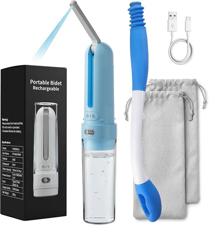 Electric Portable Bidet Toilet Aids Wiper Tool Set, SkyBlue | 2-in-1 travel hygiene kit 15.7" extended length wiping tools 1600mAh Long-lasting Battery USB-C Rechargable IPX7 Waterproof