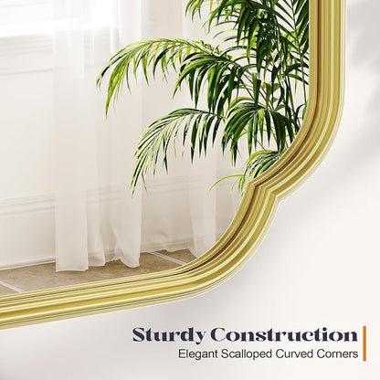 Gold Bathroom Scalloped Mirror, 24” x 36” Rounded Corner Rectangle Wall Mirrors with Metal Frame, Modern Vanity Mirror for Fireplace, Living Room, Entryway, Horizontal or Vertical
