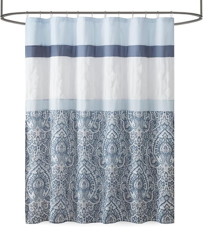 510 DESIGN Shawnee Shower Curtain, Geometric Textured Embroidery Design with Built-in Liner, Modern Mid-Century Bathroom Decor, Machine Washable, Fabric Privacy Screen, 72x72, Blue