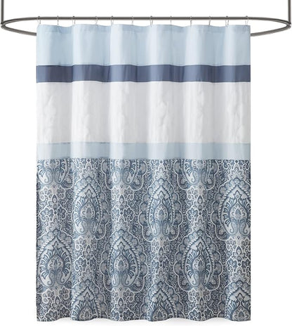 510 DESIGN Shawnee Shower Curtain, Geometric Textured Embroidery Design with Built-in Liner, Modern Mid-Century Bathroom Decor, Machine Washable, Fabric Privacy Screen, 72x72, Blue