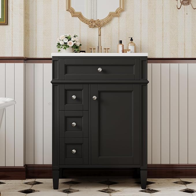 Merax 24 Inch Bathroom Vanity with Ceramic Sink, Solid Wood Frame Modern Bathroom Sink Storage Cabinet with 2 Drawers and a Tip-Out Drawer, Single Sink Bathroom Vanities, Black