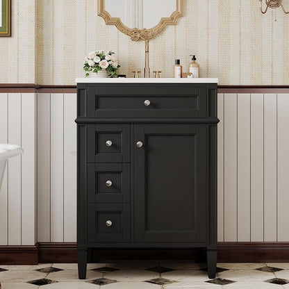 Merax 24 Inch Bathroom Vanity with Ceramic Sink, Solid Wood Frame Modern Bathroom Sink Storage Cabinet with 2 Drawers and a Tip-Out Drawer, Single Sink Bathroom Vanities, Black