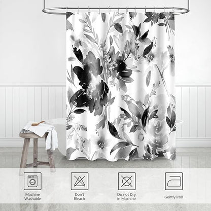 Small Stall Shower Curtain 36x72 Inch Half Narrow Watercolor Floral Decor | Black and White Modern Abstract Flower Fabric Bathroom Shower Curtain Set with Hooks