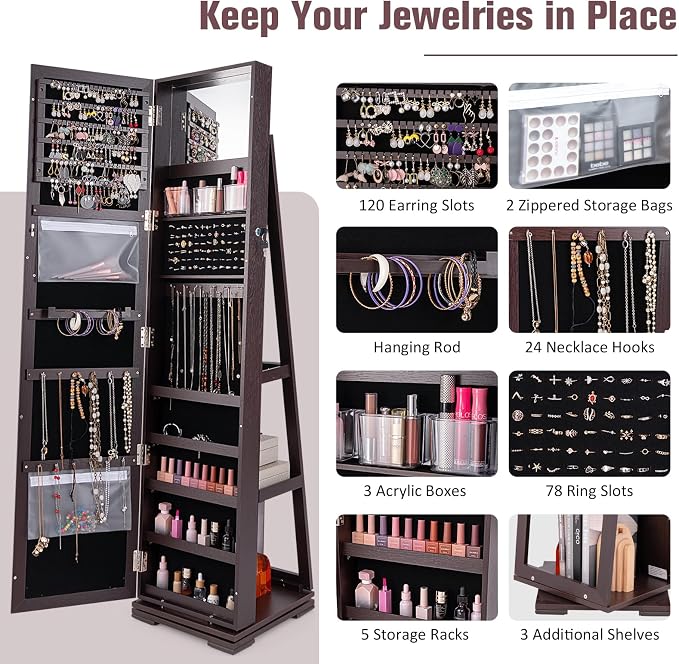 LOKO 360° Rotating Jewelry Armoire, Freestanding Jewelry Cabinet with Inside Makeup Mirror, 2-in-1 Lockable Jewelry Organizer w/Full-Length Mirror for Women (Espresso)