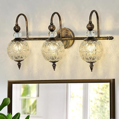Vintage Bathroom Light Fixtures Bronze Vanity Light with Glass Globe LampShade 3 Lights Mid Century G9 Bulb Wall Sconce Indoor Vanity Light Over Mirror for Bedroom Farmhouse Hallway