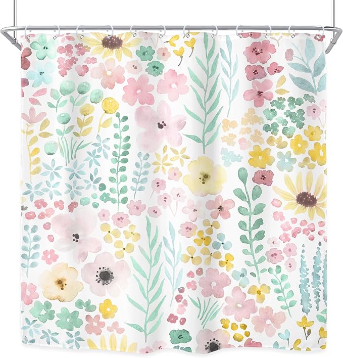 Sage Green Floral Cute Boho Watercolor Plants Bathroom Shower Curtain Set | 72"W x 72"H Girly Spring; waterproof HD print, quick-dry fabric with 12 hooks for easy hanging.