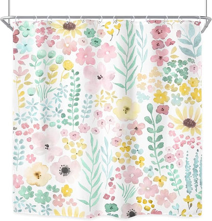 Sage Green Floral Cute Boho Watercolor Plants Bathroom Shower Curtain Set | 72"W x 72"H Girly Spring; waterproof HD print, quick-dry fabric with 12 hooks for easy hanging.