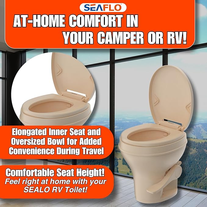 SEAFLO Bone-Colored Residential Height Camper/RV Toilet, 18.5” Height, Gravity Flush, Foot Pedal, Oversized Bowl, Soft-Close Seat, 4-Year Warranty