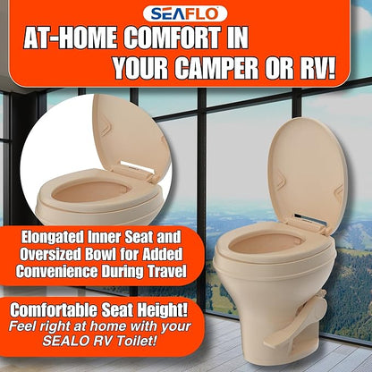 SEAFLO Bone-Colored Residential Height Camper/RV Toilet, 18.5” Height, Gravity Flush, Foot Pedal, Oversized Bowl, Soft-Close Seat, 4-Year Warranty