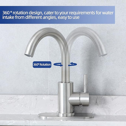Brushed Nickel Bathroom Sink Faucet - Single Hole, Modern Single Handle Commercial Stainless Steel Bar Faucet with Drain