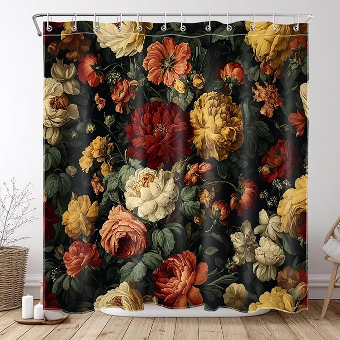 Vintage Dark Floral Shower Curtain for Bathroom, Moody Black Boho Botanical Flower Design Retro Farmhouse Fabric Bath Curtain with 12 Hooks, 72W x 78L Inches