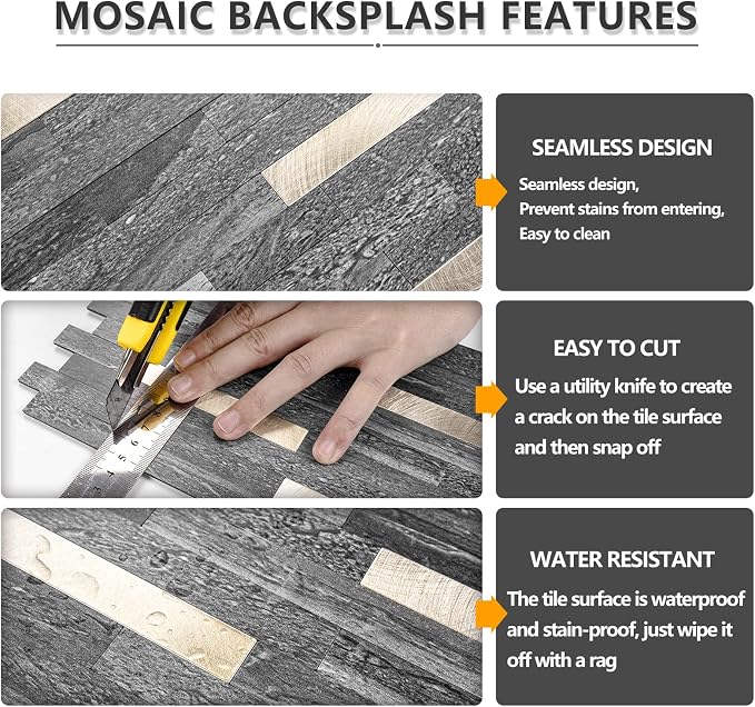 STICKGOO 20 Sheets Peel and Stick Backsplash Tile, Stick on Backsplash for Kitchen and Bathroom, Black Sandstone Look PVC Mixed Metal Gold Self Adhesive Wall Tiles