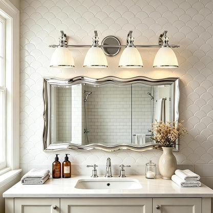 Vanity Lights for Bathroom Over Mirror, Elegant Wall Sconces with Milky White Hand-Painted Frosted Glass Shade, E26 Socket (Bulbs Not Included) (Polished Chrome, 4-Light)