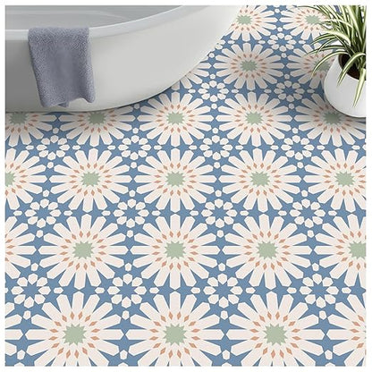 MORCART 20PCS 7.87" x 7.87" Peel and Stick Floor Tile, DIY Vinyl Flooring | Blue and White Floral Look, Self-Adhesive, Removable and Waterproof Tile Sticker for Bathroom, Kitchen, Wall, Stairs