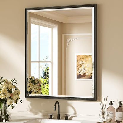 Keonjinn Black Framed Bathroom Mirrors 30" x 36", Safe HD Tempered Glass | Aluminum Alloy, Secure French Cleat Installation, Vertical/Horizontal, Beveled Edge, Black Bathroom Vanity Mirror for Wall