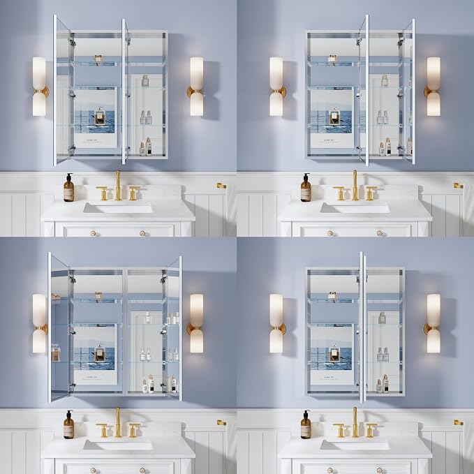 28" x 36" Bathroom Medicine Cabinet with Mirror, Anodized Chrome Aluminum Frame, Surface Mount or Recessed Medicine Cabinet with Mirror, Bathroom Mirror with Storage, Double Doors