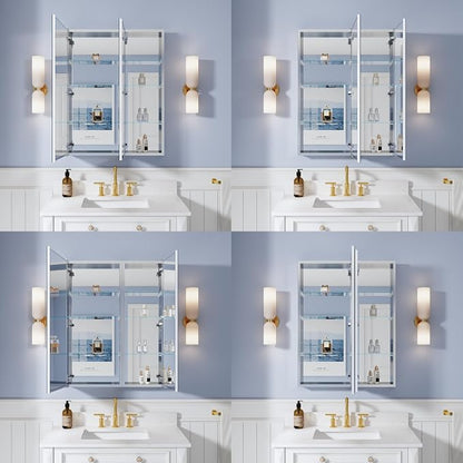 28" x 36" Bathroom Medicine Cabinet with Mirror, Anodized Chrome Aluminum Frame, Surface Mount or Recessed Medicine Cabinet with Mirror, Bathroom Mirror with Storage, Double Doors