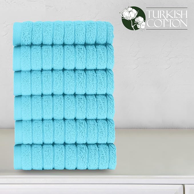 Elegant Comfort 100% Turkish Cotton Corduroy Ribbed Luxury Washcloths 6 Pack Soft 13 x 13 Inch - Higly Absorbent, Durable, Quick Dry, Spa Premium Hotel Quality for Bathroom or Travel, Aqua