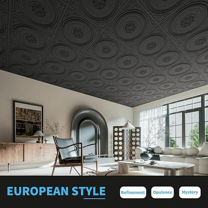 Art3d 12-Pack 2 x 2 ft Drop Ceiling Tiles for Interior Decor, Black | PVC, Waterproof, Lightweight, Shatterproof, Anti-Fade, Compatible with Grid System, Ideal for Kitchen, Bathroom, Basement