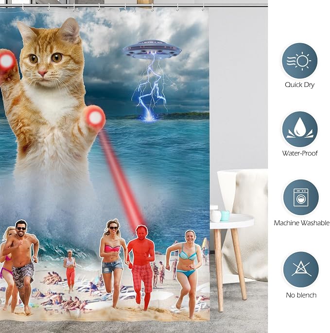 Aimego Funny Cat Shower Curtains for Bathroom - Cute Cool Ocean Cat with Weird Adults Beach UFO Fun Bath Shower Curtain Set with 12 Hooks for Adults Kids Bathroom Decor Accessories, 72"x72"