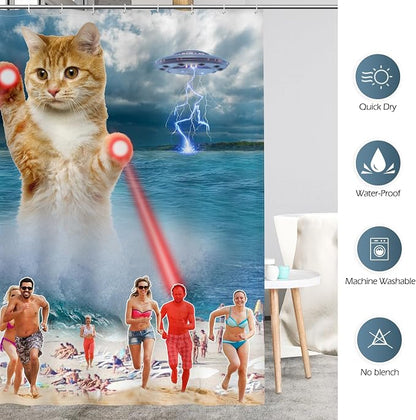 Aimego Funny Cat Shower Curtains for Bathroom - Cute Cool Ocean Cat with Weird Adults Beach UFO Fun Bath Shower Curtain Set with 12 Hooks for Adults Kids Bathroom Decor Accessories, 72"x72"