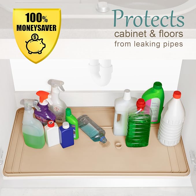 The Original Under Sink Mat - Silicone Waterproof mat, Trimmable, Easy to Clean, Kitchen cabinet liner, Under sink protector mats, Drip Tray with Lip (Beige, 31" x 22") or smaller