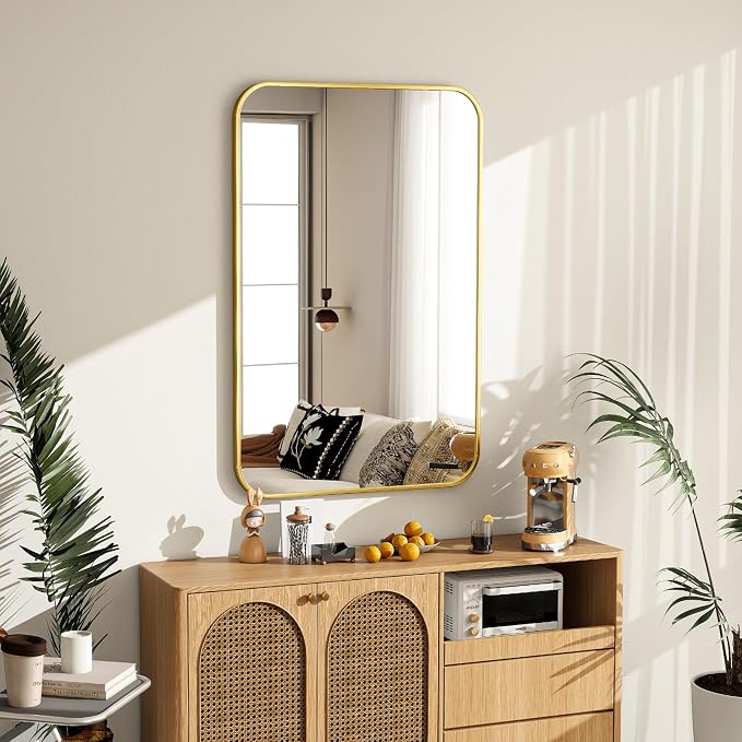 24x36 Inch Gold Bathroom Vanity Mirror for Over Sink | Rectangle Wall Mirror for Bathroom with Round Corner, Hangs Horizontally Vertically for Living Room, Bedroom as Home Decor
