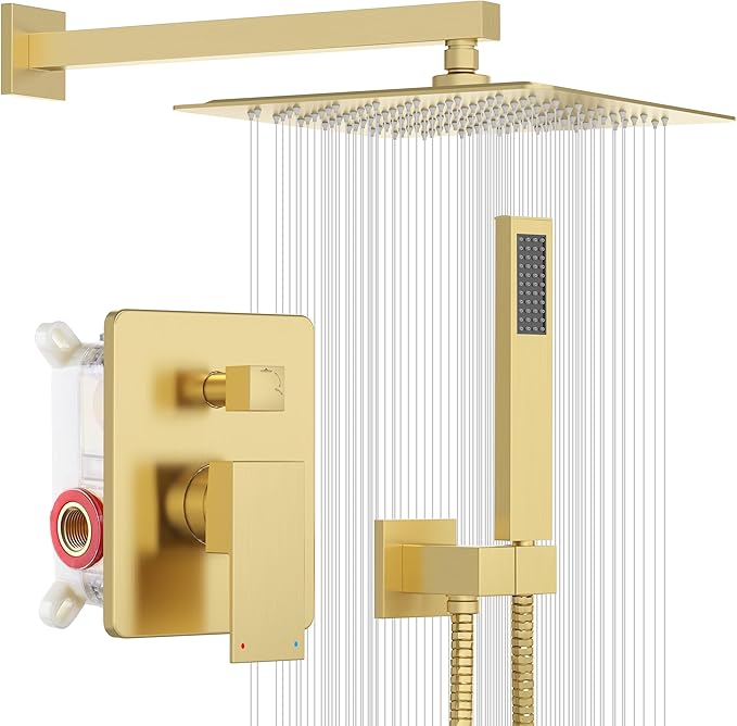 ESNBIA Gold Shower System, 12 Inches Shower faucet Set with Pressure Balance Shower Valve, High Pressure Gold Shower Head and Handle Set, Wall Mounted Shower Fixtures, Brushed Gold