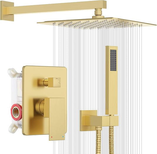 ESNBIA Gold Shower Head, Rainfall Shower System with 10 Inches Rain Shower Head, All Metal Shower Faucet Set with Shower Valve, Wall Mounted Shower Fixtures, Brushed Gold
