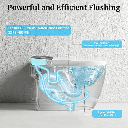 Smart Toilet with Heated Seat & Dual Auto Flush, Foot Sensor, Tankless One-Piece Electric Toilet with Manual Soft-Close Seat & Lid, Night Light, LED Display & 1000g Powerful Flush, 0.8/1.28GPF