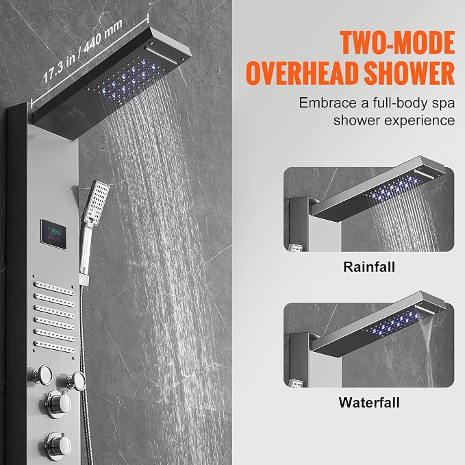 VEVOR Shower Panel Tower System, 6 Shower Modes, LED & Screen Hydroelectricity Shower Panel, Rainfall, Waterfall, 5 Massage Jets, Tub Spout, Handheld Shower, Stainless Steel Wall-Mounted Shower Set