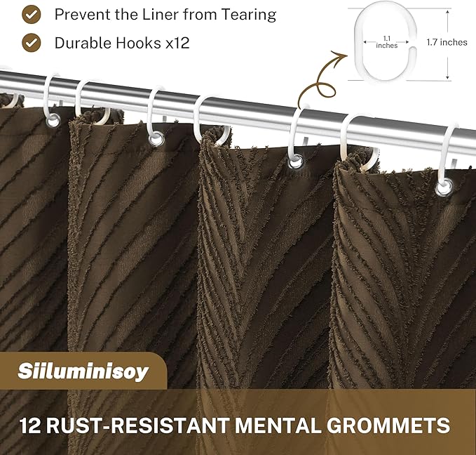 Brown Boho Shower Curtain Woven Fabric Shower Curtain, 72 x 72 Tufted Leaves Textured Striped Modern Farmhouse Minimalist Cloth for Bathroom