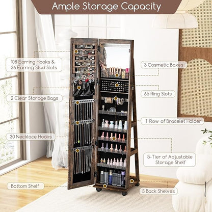 GOFLAME Jewelry Cabinet with Full Length Mirror, Lockable Jewelry Storage Organizer with Wheels, 3-Color LED Lights, Inner Mirror, Freestanding Jewelry Armoire with Rear Storage Shelves, Rustic Brown