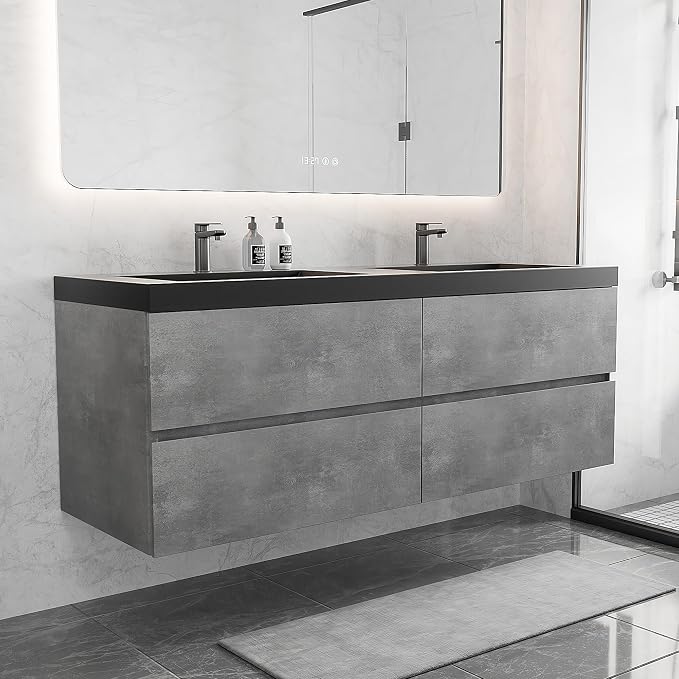 60 Inch Floating Bathroom Vanity with Double Sink, Modern Grey Wall Mounted Floating Vanity with Scratch-Resistant Quartz Sand Basin and 4 Soft Closing Drawers, Pre Assembled Bathroom Vanity