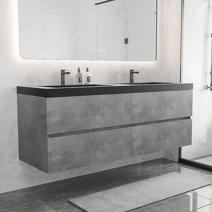 60 Inch Floating Bathroom Vanity with Double Sink, Modern Grey Wall Mounted Floating Vanity with Scratch-Resistant Quartz Sand Basin and 4 Soft Closing Drawers, Pre Assembled Bathroom Vanity