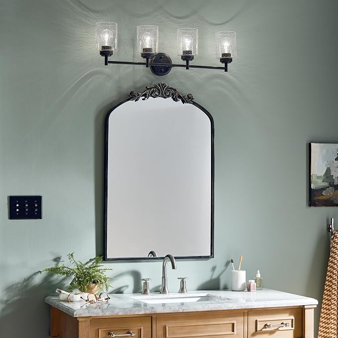 Kichler Winslow 4-Light Farmhouse Vanity Light, Black | Clear seeded glass vanity light with industrial styling (30" x 9.25" x 6.5"), 45887BK