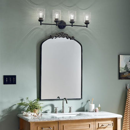 Kichler Winslow 4-Light Farmhouse Vanity Light, Black | Clear seeded glass vanity light with industrial styling (30" x 9.25" x 6.5"), 45887BK