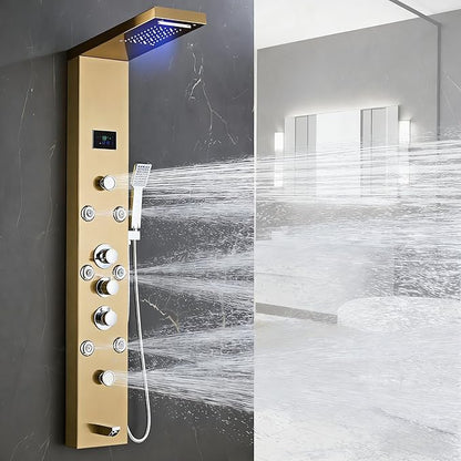 LED 5-in-1 Shower Panel Tower System,Brushed Gold | 304 Stainless Steel Shower Panel Tower Column with Powerful Body Jets, Rainfall, Waterfall,Handheld and Tub Spout