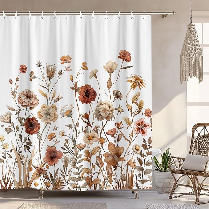 Vintage Boho White Floral Shower Curtain, Brown Cream Tan Rustic Farmhouse Flower Shower Curtain Set, Cute Botanical Wlidflowers Fabric Shower Curtains Decoration, 72X72 Aesthetic Bathroom Accessories