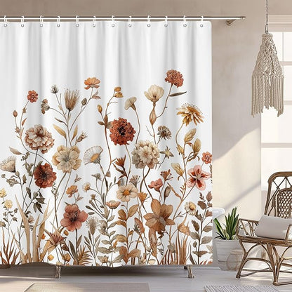 Vintage Boho White Floral Shower Curtain, Brown Cream Tan Rustic Farmhouse Flower Shower Curtain Set, Cute Botanical Wlidflowers Fabric Shower Curtains Decoration, 72X72 Aesthetic Bathroom Accessories