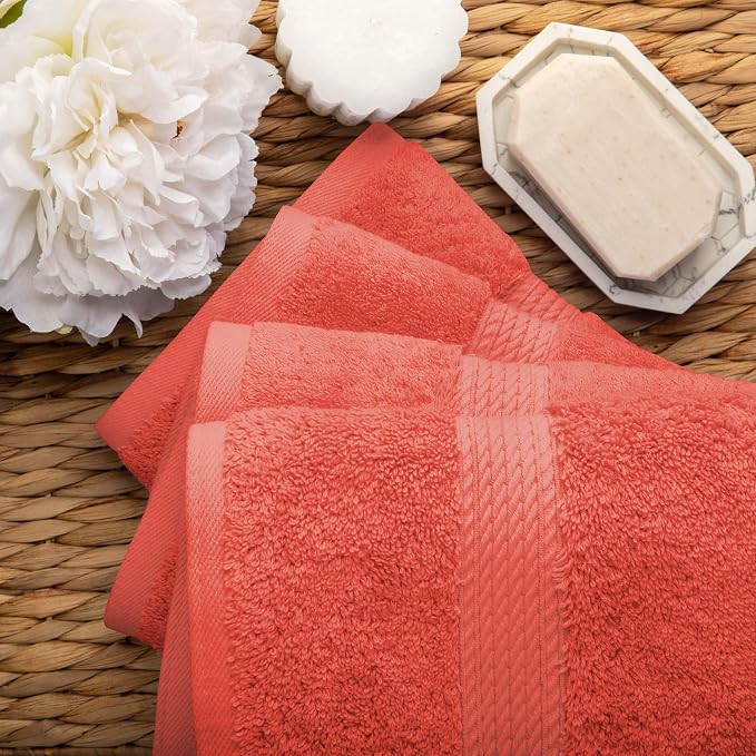 SUPERIOR Egyptian Cotton Plush & Absorbent, Hand Towel Set of 4, Coral | Quick Dry, Soft Luxury Towel Set, Bath Essentials for Bathroom, Guest Bath, Spa, 4 Piece Set, Madeline Towels