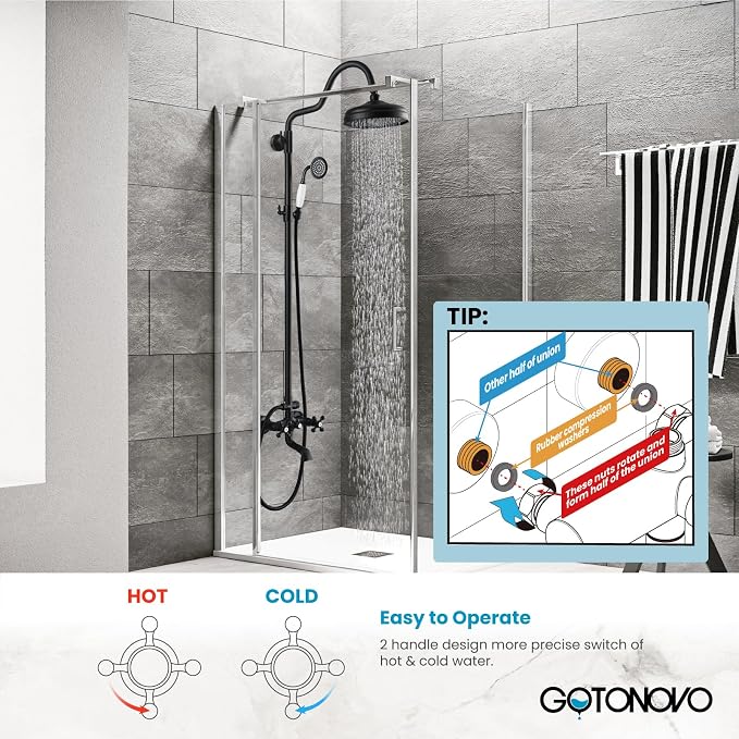 gotonovo Exposed Bathroom Shower System Vintage Shower Fixture 8 Inch Rainfall Shower Head Handheld Spray Tub Filler Brass Pipe 3-Function Wall Mount Double Cross Knobs Matte Black