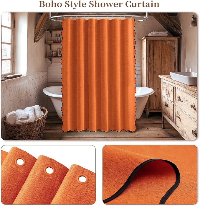 BTTN Burnt Orange Scalloped Shower Curtain, Linen Textured Heavy Duty Fabric Shower Curtain Set with 12 Plastic Hooks, Rustic Modern Farmhouse Waterproof Cloth Shower Curtain for Bathroom, 72x72